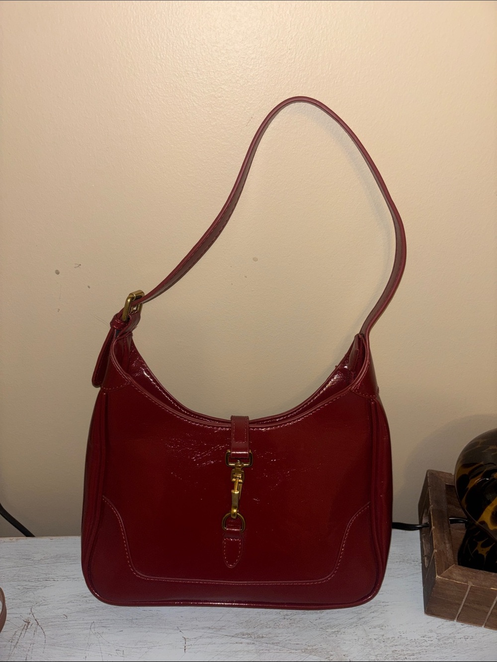 Red Shoulder Bag with Gold Hardware